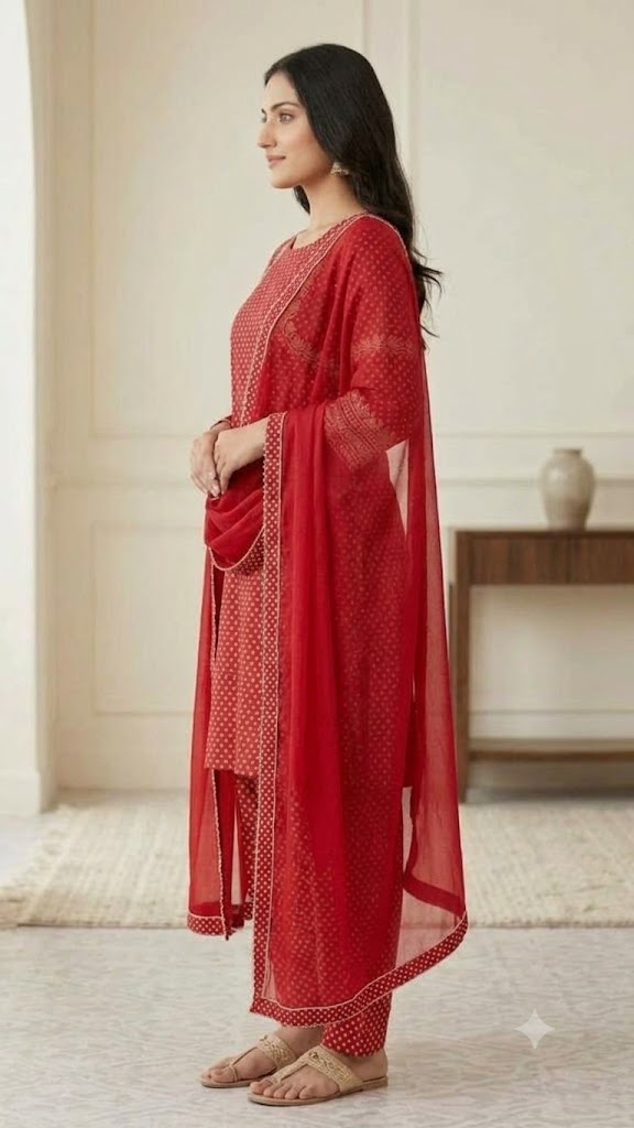 Women's Natural Crepe Dot Print Kurta Patiala Set with Embroidered Detail