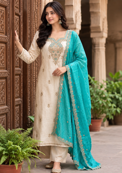 Rama Glass Roman 3-Piece Partywear Set with Zari & Mirror Work Kurta