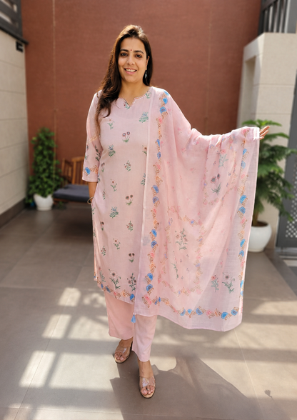 Baby Pink Linen Flex Embroidered Kurta Set for Women - Nakh Clothing
