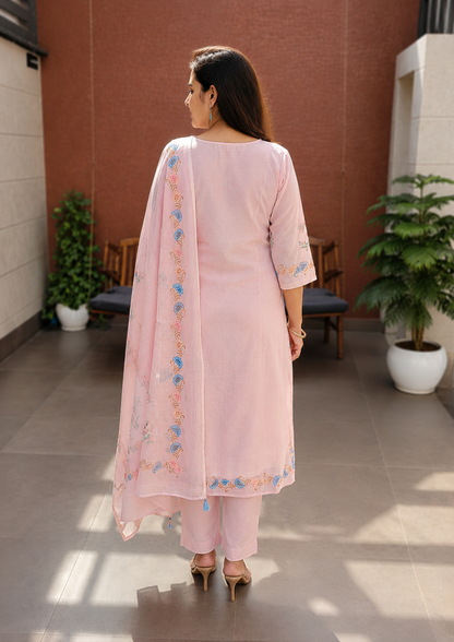 Baby Pink Linen Flex Embroidered Kurta Set for Women - Nakh Clothing