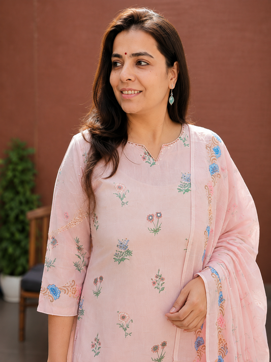 Baby Pink Linen Flex Embroidered Kurta Set for Women