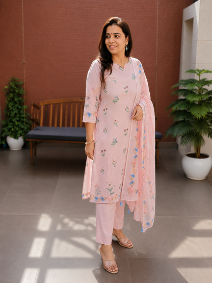 Baby Pink Linen Flex Embroidered Kurta Set for Women - Nakh Clothing
