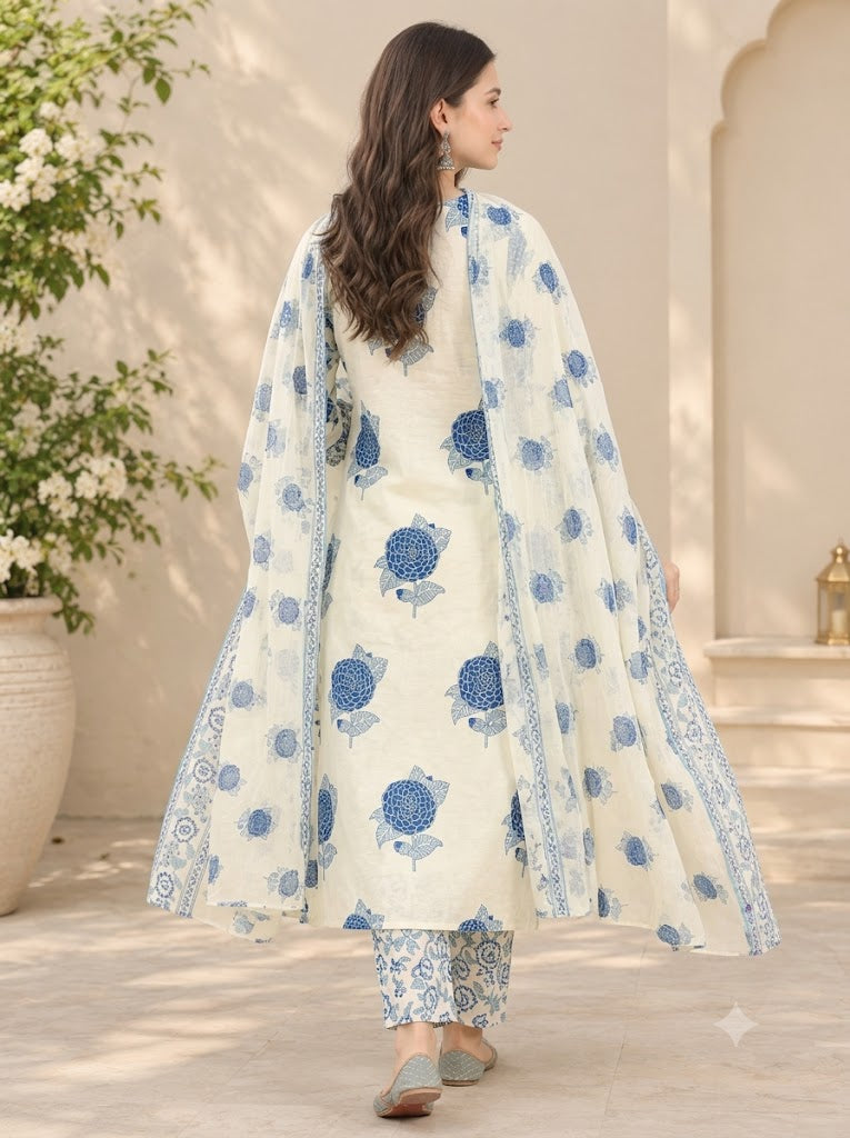 Cream Cotton Floral Block Print Kurta Set with Pants & Dupatta