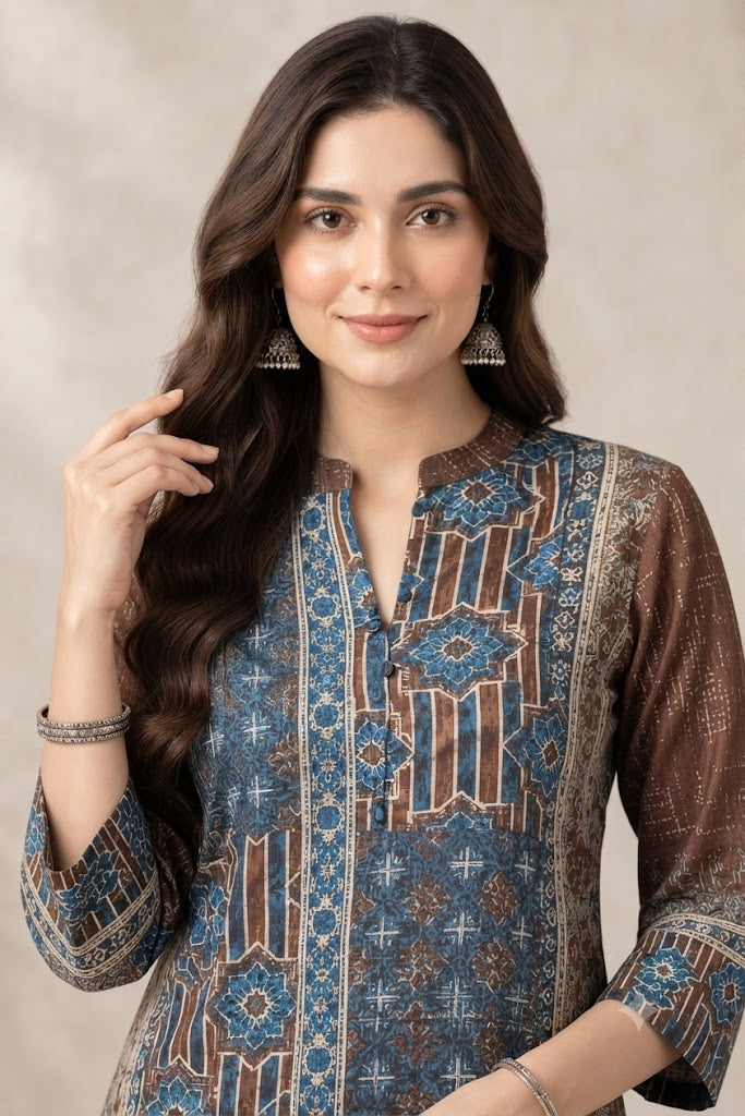 Coffee Natural Crepe Stylish Co-ord Set with Printed Kurta & Palazzo