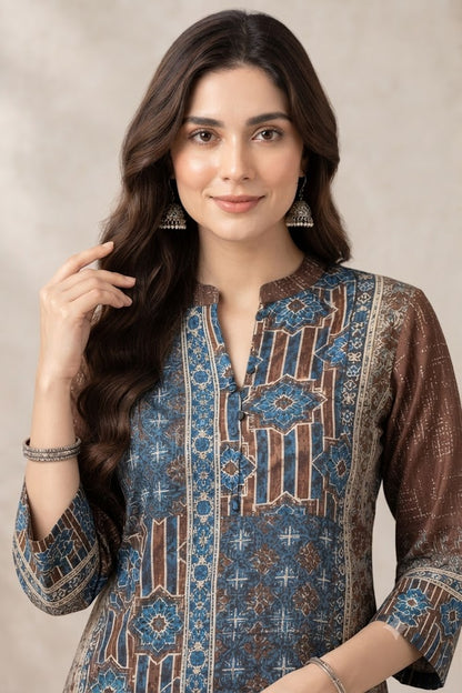 Coffee Natural Crepe Stylish Co-ord Set with Printed Kurta & Palazzo