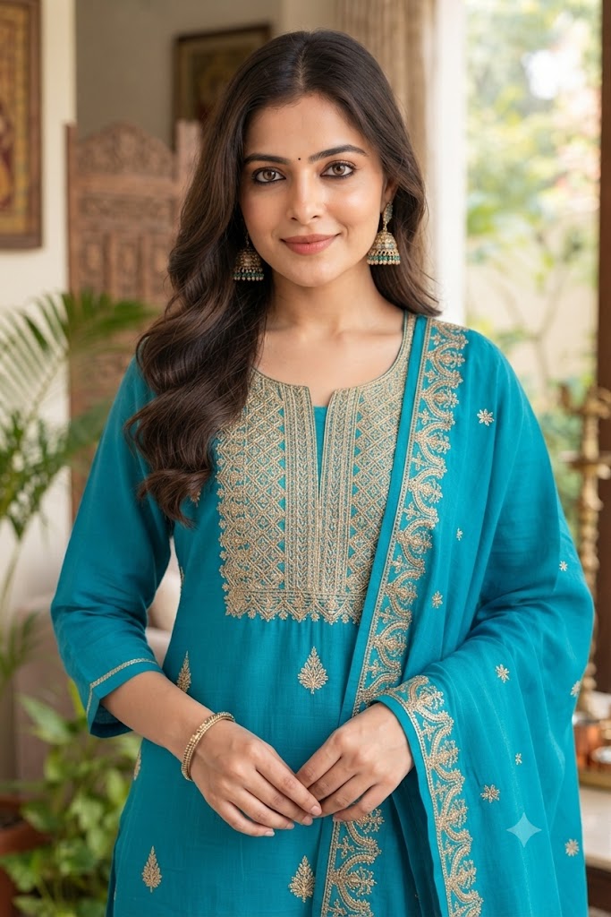 Zari Embroidered Kurta with Palazzo & Embroidered Dupatta in Firozi