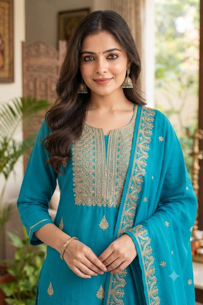 Zari Embroidered Kurta with Palazzo & Embroidered Dupatta in Firozi