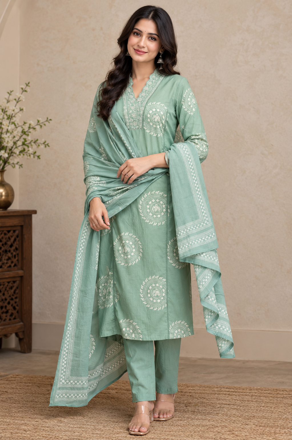 Sage Green Cotton Kurta Set with Embroidered Yoke & Border Print Dupatta