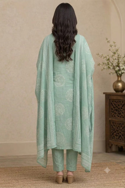 Sage Green Cotton Kurta Set with Embroidered Yoke & Border Print Dupatta