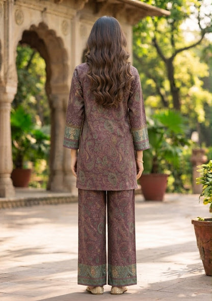 Wine Natural Crepe Co-ord Set with Handwork Yoke Kurta & Printed Palazzo