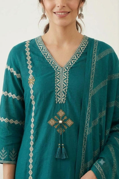 Women's Green Cotton Kurta Palazzo Set with Embroidery & Dupatta | Festive & Everyday Wear for Women