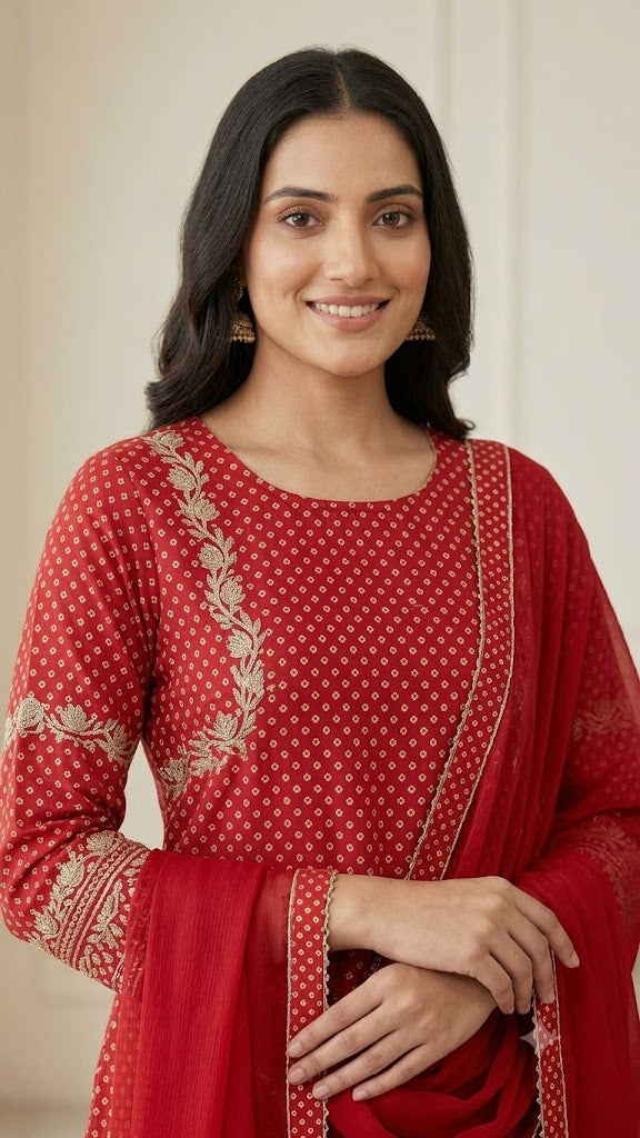 Women's Natural Crepe Dot Print Kurta Patiala Set with Embroidered Detail