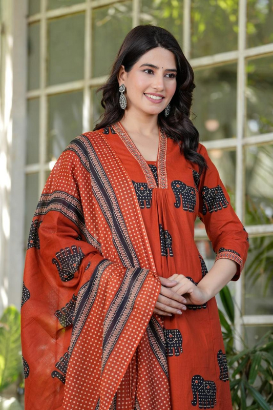 Premium Brick Red Elephant Print Cotton Suit Set with Hand Embroidery & Dupatta – Ethnic Grace for Everyday Elegance