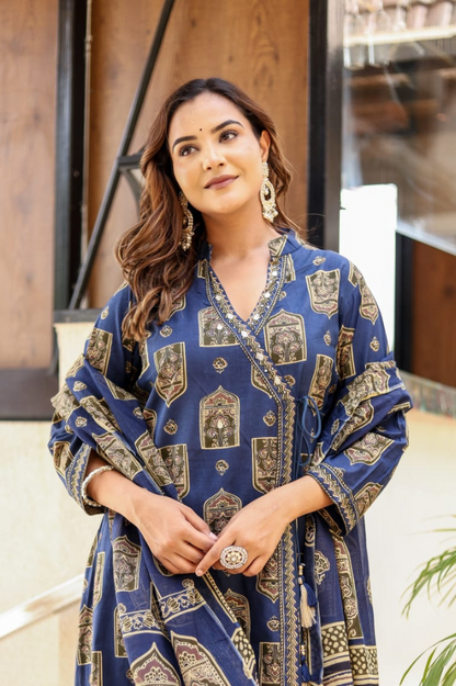 Navy Blue Angrakha Flared Suit Set | Pure Cotton Gotta Work with Tassels