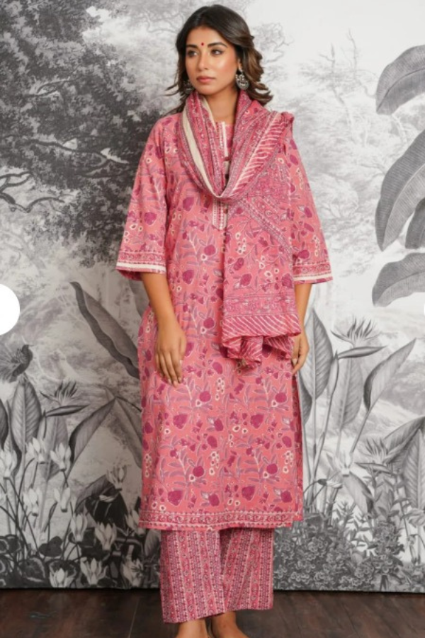 Pink Floral Printed Cotton Kurta Set with Dupatta – Elegant Summer Ethnic Suit for Women