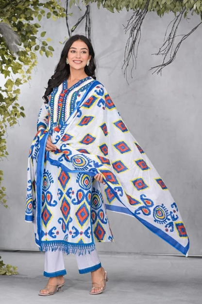 Blue & White Cotton Ikkat 3-Piece Suit Set | Handwork Kurta with Dupatta & Palazzo