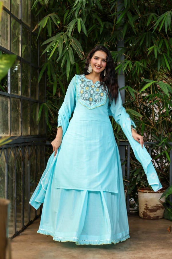Mul Cotton Skirt Suit Set with Handwork - Festive Wear - Nakh Clothing