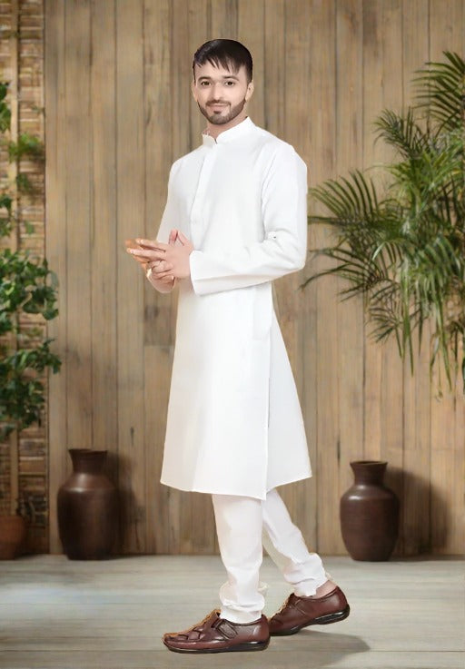 Men's Cotton Solid White Long Kurta - Nakh Clothing