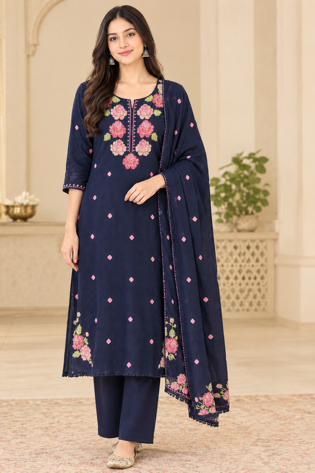 Navy Blue Rose Embroidered Cotton Suit Set | Festive & Everyday Wear for Women