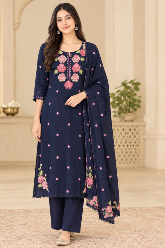 Navy Blue Rose Embroidered Cotton Suit Set | Festive & Everyday Wear for Women