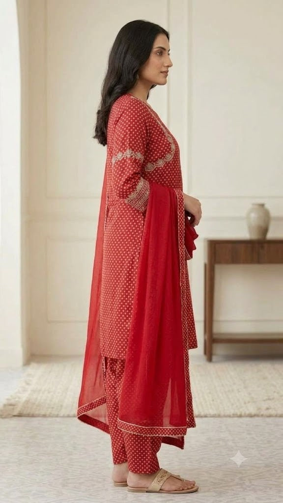 Women's Natural Crepe Dot Print Kurta Patiala Set with Embroidered Detail