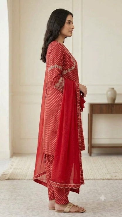 Women's Natural Crepe Dot Print Kurta Patiala Set with Embroidered Detail