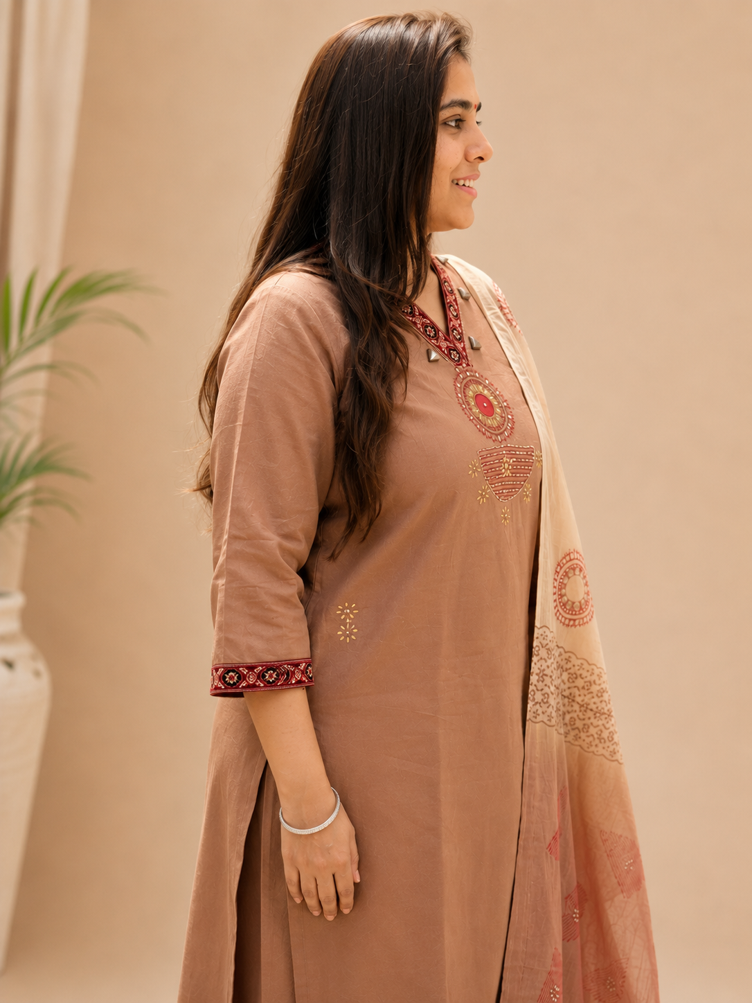 Beige Dabu Cotton Handblock Print 3 Piece Suit Set for Women - Nakh Clothing