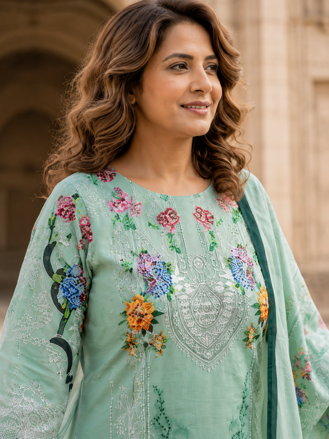 Mint Green Kantha Work Pakistani Cotton Suit Set for Women - Nakh Clothing