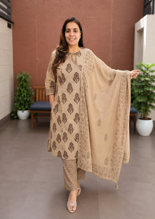 Beige Cotton Flex Angrakha Kurta Set for Women.