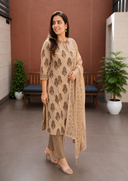 Beige Cotton Flex Angrakha Kurta Set for Women. - Nakh Clothing