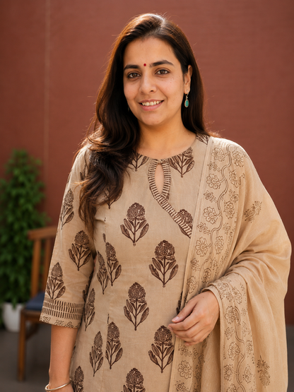 Beige Cotton Flex Angrakha Kurta Set for Women. - Nakh Clothing