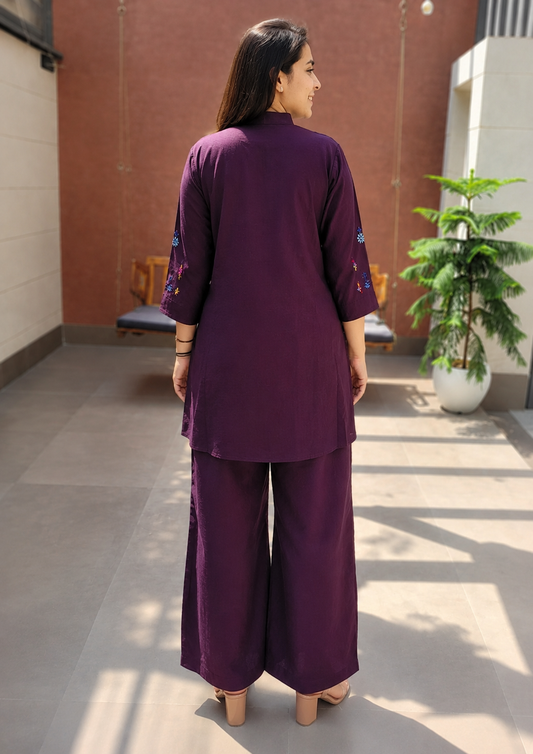 Wine Embroidered Handwork Co-Ord Set for Women