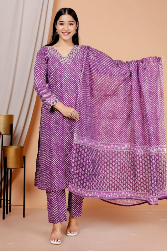 Lehriya Printed Embroidered Cotton Suit Set with Dupatta – Traditional Ethnic Wear for Women
