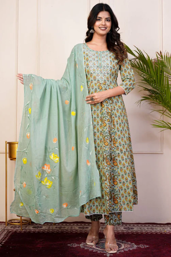 Elegant Cotton Schiffli Digital Print Hand-Embroidered Suit Set for Women – Premium Festive & Ethnic Wear