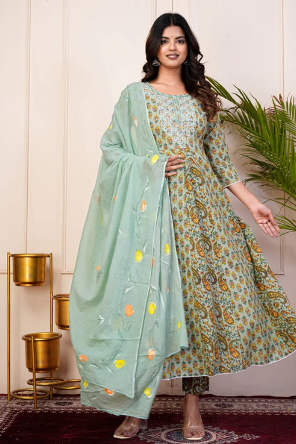 Elegant Cotton Schiffli Digital Print Hand-Embroidered Suit Set for Women – Premium Festive & Ethnic Wear