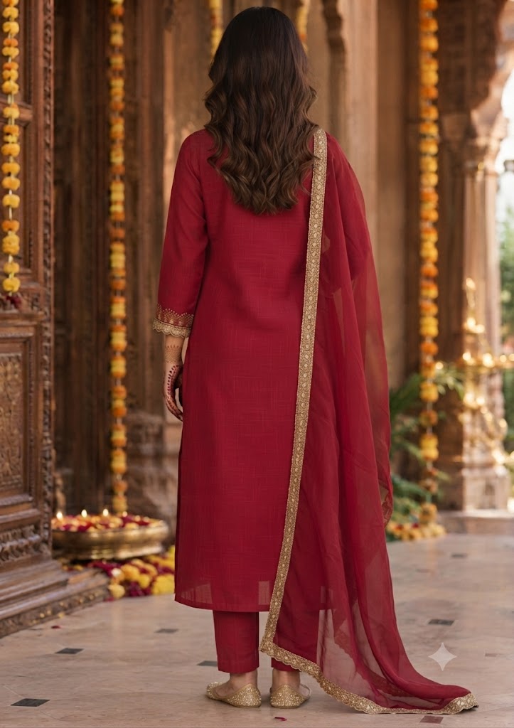 Red Crinkle Chinon 3-Piece Stylish Set with Zari Coding Work Kurta