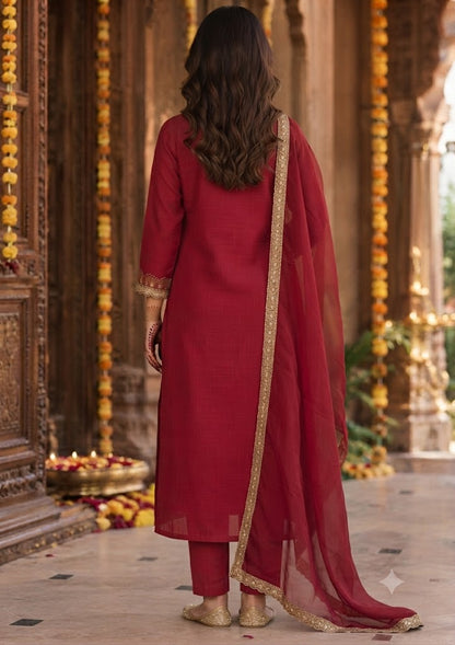 Red Crinkle Chinon 3-Piece Stylish Set with Zari Coding Work Kurta