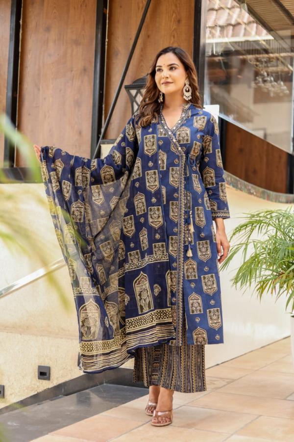 Navy Blue Angrakha Flared Suit Set | Pure Cotton Gotta Work with Tassels