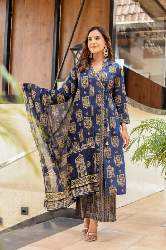 Navy Blue Angrakha Flared Suit Set | Pure Cotton Gotta Work with Tassels