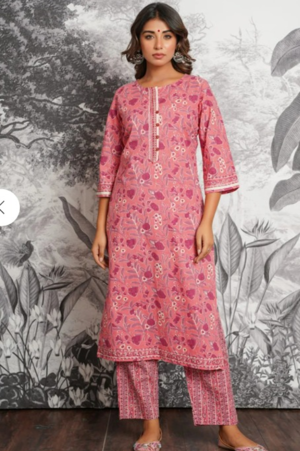 Pink Floral Printed Cotton Kurta Set with Dupatta – Elegant Summer Ethnic Suit for Women