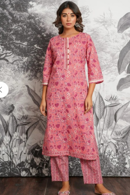 Pink Floral Printed Cotton Kurta Set with Dupatta – Elegant Summer Ethnic Suit for Women