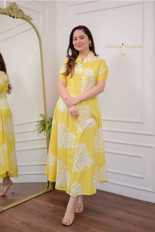 Yellow Cotton A-Line Dress with Leaf Print – Casual Ethnic Summer Wear for Women