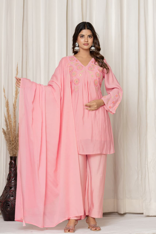 Festive Party Wear Kurta Set with Dupatta | Pure Mul Chanderi with Hand Embroidery