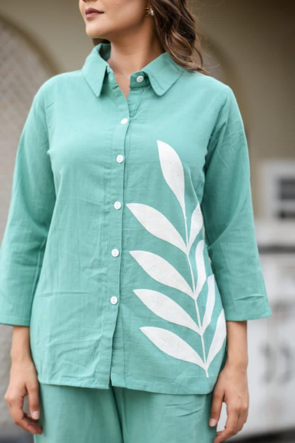 Mint Green Embroidered Cotton Flex Co-ord Set with Collared Shirt & Plazzo – Nakh - Nakh Clothing