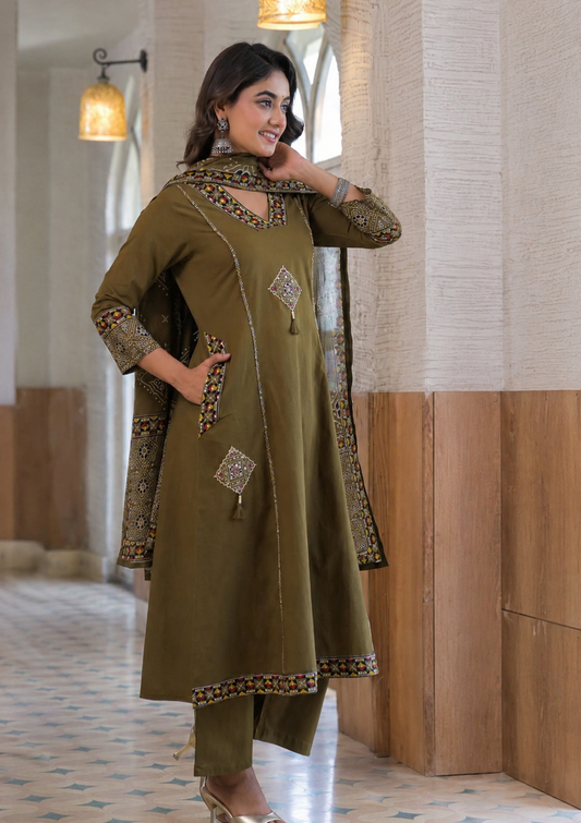 Mehndi Green A-Line Cotton Suit Set with Embroidery & Handwork