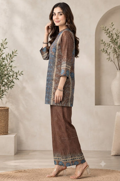 Coffee Natural Crepe Stylish Co-ord Set with Printed Kurta & Palazzo