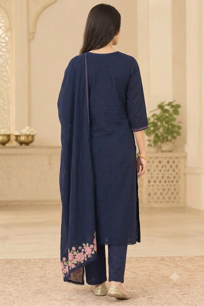 Navy Blue Rose Embroidered Cotton Suit Set | Festive & Everyday Wear for Women