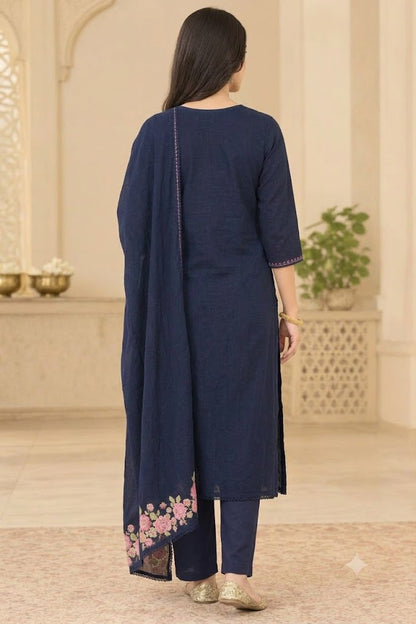Navy Blue Rose Embroidered Cotton Suit Set | Festive & Everyday Wear for Women