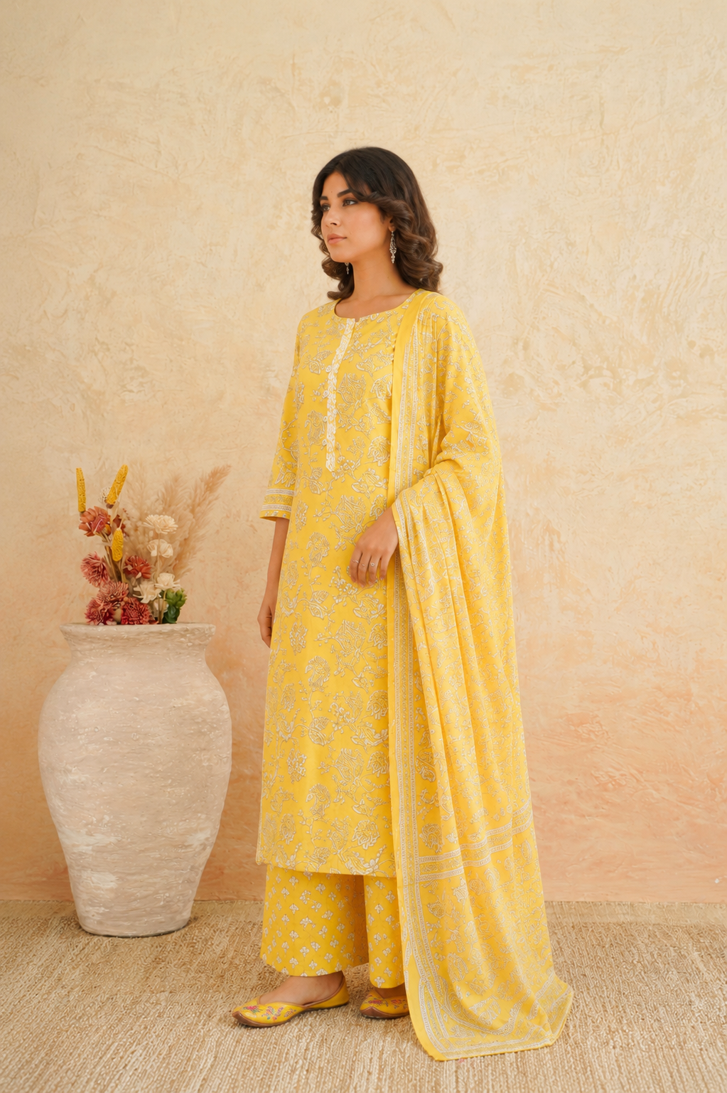 Yellow Floral Cotton Suit Set with Dupatta for Women - Nakh Clothing