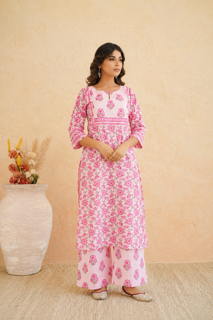 Pink Floral Cotton Suit Set with Dupatta for Women. - Nakh Clothing